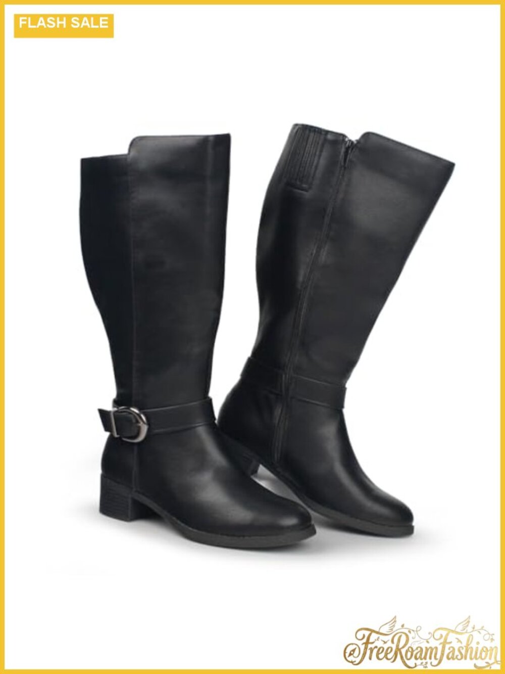 Extra Wide Calf Pull On Knee High Boots Side Zipper Low Block Heel